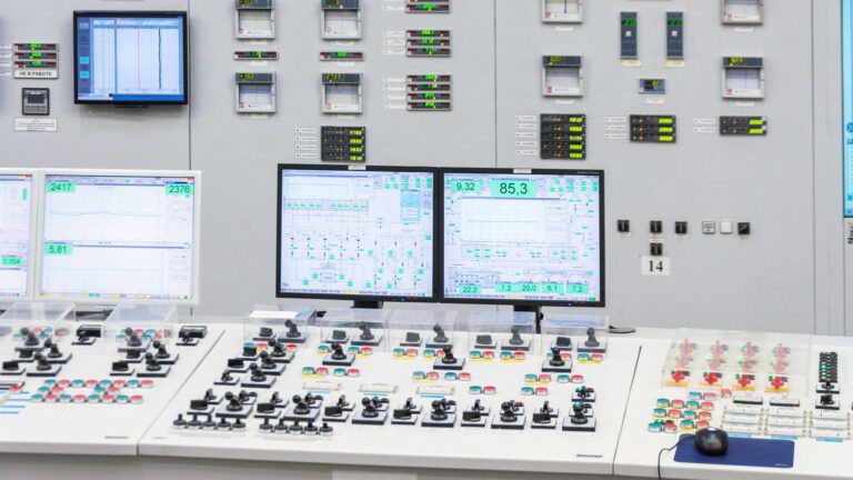 The central control room of nuclear power plant. Fragment of nuclear reactor control panel.